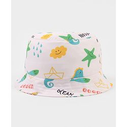 Babyhug Poly Blend Woven Bucket Hat With Ocean Animal Print White - Diameter 15.5 cm