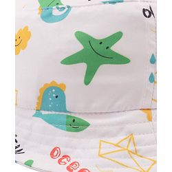 Babyhug Poly Blend Woven Bucket Hat With Ocean Animal Print White - Diameter 15.5 cm