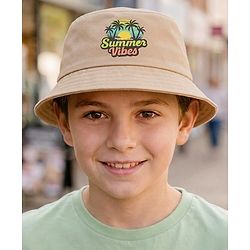 Babyhug  Poly Blend Woven Bucket Hat With Summers Vibe Print Beige - Diameter 15.5 cm
