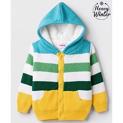 Babyhug Fur- Lined Knit Full Sleeves Striped Front Open Hooded Sweater With Kangaroo Pockets - Light Blue