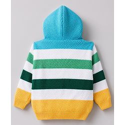 Babyhug Fur- Lined Knit Full Sleeves Striped Front Open Hooded Sweater With Kangaroo Pockets - Light Blue