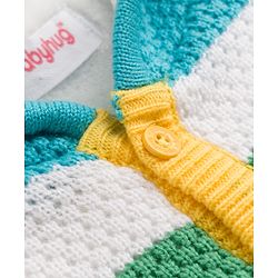 Babyhug Fur- Lined Knit Full Sleeves Striped Front Open Hooded Sweater With Kangaroo Pockets - Light Blue