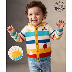 Babyhug Fur- Lined Knit Full Sleeves Front Open Hooded Striped Sweater with Rainbow & Cloud Design - White