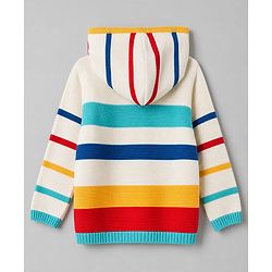 Babyhug Fur- Lined Knit Full Sleeves Front Open Hooded Striped Sweater with Rainbow & Cloud Design - White