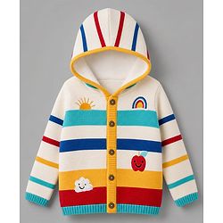 Babyhug Fur- Lined Knit Full Sleeves Front Open Hooded Striped Sweater with Rainbow & Cloud Design - White