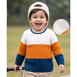 Babyhug Knit Full Sleeves Solid Colour Block Cable Knit Designed Pullover - White