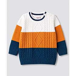 Babyhug Knit Full Sleeves Solid Colour Block Cable Knit Designed Pullover - White