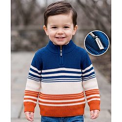Babyhug Knit Full Sleeves Colour Block Striped Pullover-  Navy
