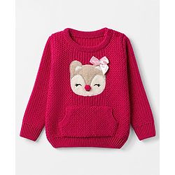 Babyhug Knit Full Sleeves Pullover with Deer Patch & Bow Aplique - Dark Pink