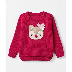 Babyhug Knit Full Sleeves Pullover with Deer Patch & Bow Aplique - Dark Pink