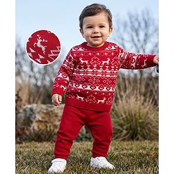 Babyhug Knit Full Sleeves Sweater Set With Christmas Theme Design - Red