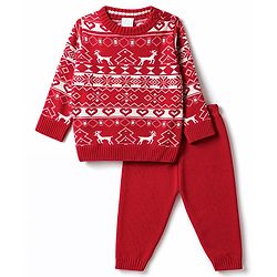 Babyhug Knit Full Sleeves Sweater Set With Christmas Theme Design - Red