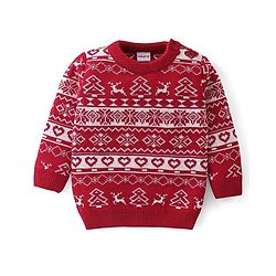 Babyhug Knit Full Sleeves Sweater Set With Christmas Theme Design - Red