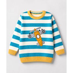 Babyhug Knit Full Sleeves Striped Sweater Set with Aircraft Design - Blue White
