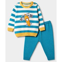 Babyhug Knit Full Sleeves Striped Sweater Set with Aircraft Design - Blue White