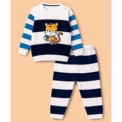 Babyhug Knit Full Sleeves Striped Sweater Set With Tiger Patch - Navy Blue