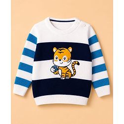 Babyhug Knit Full Sleeves Striped Sweater Set With Tiger Patch - Navy Blue