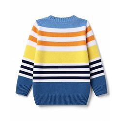 Babyhug Knit Full Sleeves Striped Sweater Set with Vehicle Embroidery - Navy Blue