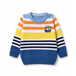 Babyhug Knit Full Sleeves Striped Sweater Set with Vehicle Embroidery - Navy Blue