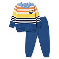Babyhug Knit Full Sleeves Striped Sweater Set with Vehicle Embroidery - Navy Blue