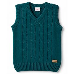 Babyhug Knit Sleeveless Solid Colour Pullover with Cable Knit Design - Dark Green