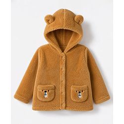 Babyhug Fur Knit Hoodie with Full Sleeves and Bear Print - Mustard