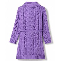 Babyhug Woollen Knit Full Sleeves Solid Colour Sweater Dress & Belt with Cable Knit Design - Lavender