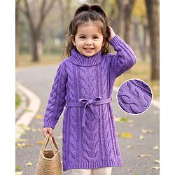 Babyhug Woollen Knit Full Sleeves Solid Colour Sweater Dress & Belt with Cable Knit Design - Lavender