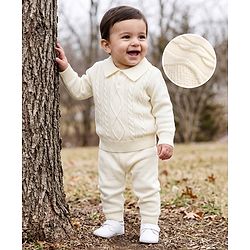 Babyhug Knit Full Sleeves Polo Collar Neck Solid Colour Cable Knit Designed Sweater Set - White