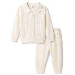 Babyhug Knit Full Sleeves Polo Collar Neck Solid Colour Cable Knit Designed Sweater Set - White