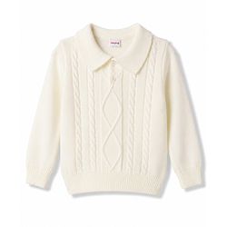 Babyhug Knit Full Sleeves Polo Collar Neck Solid Colour Cable Knit Designed Sweater Set - White