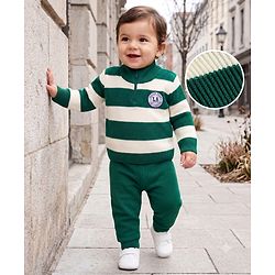 Babyhug Knit Full Sleeves Striped Sweater Set - Green