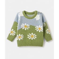Babyhug Knit Pullover and Pant Full Sleeves Full Length with Daisy Design in Green for 3-6 Months