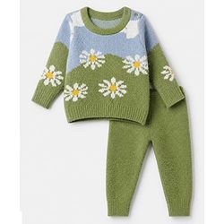 Babyhug Knit Pullover and Pant Full Sleeves Full Length with Daisy Design in Green for 3-6 Months