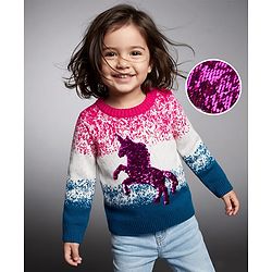 Babyhug Knit Extra Soft Hairy Eyelash Yarn Full Sleeves Unicorn Reverse Sequinned Pullover Sweater - Pink