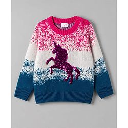Babyhug Knit Extra Soft Hairy Eyelash Yarn Full Sleeves Unicorn Reverse Sequinned Pullover Sweater - Pink