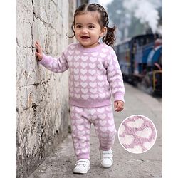 Babyhug Knit Extra Soft Hairy Eyelash Yarn Full Sleeves Sweater Set With Hearts Design - Mauve