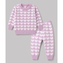 Babyhug Knit Extra Soft Hairy Eyelash Yarn Full Sleeves Sweater Set With Hearts Design - Mauve