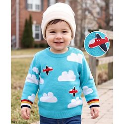 Babyhug Knit Full Sleeves Pullover with Cloud Designed & Airplane Patch - Light Blue