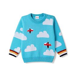 Babyhug Knit Full Sleeves Pullover with Cloud Designed & Airplane Patch - Light Blue