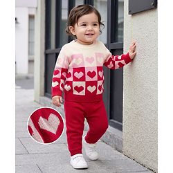 Babyhug Knit Full Sleeves Heart Designed Sweater Set - Pink