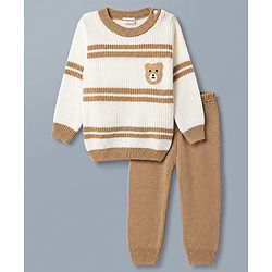 Babyhug Knit Full Sleeves Striped & Bear Designed Sweater Set - White