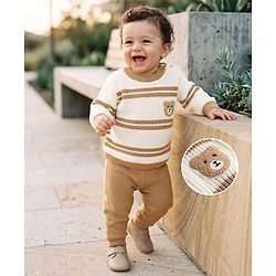 Babyhug Knit Full Sleeves Striped & Bear Designed Sweater Set - White