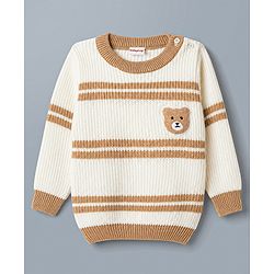 Babyhug Knit Full Sleeves Striped & Bear Designed Sweater Set - White