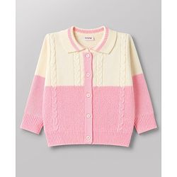 Babyhug Knit Full Sleeves Polo Collar Neck Colour Block Cable Knit Designed Sweater Set - Pink