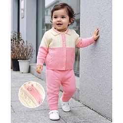 Babyhug Knit Full Sleeves Polo Collar Neck Colour Block Cable Knit Designed Sweater Set - Pink