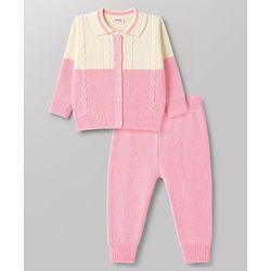 Babyhug Knit Full Sleeves Polo Collar Neck Colour Block Cable Knit Designed Sweater Set - Pink