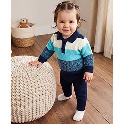 Babyhug Knit Full Sleeves Polo Collar Sweater Set with Stripes - Navy