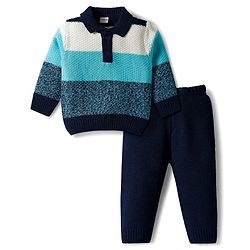 Babyhug Knit Full Sleeves Polo Collar Sweater Set with Stripes - Navy
