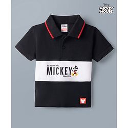 Babyhug Disney Cotton Knit Half Sleeves Pique Polo T-Shirt with Mickey Mouse Print - Black